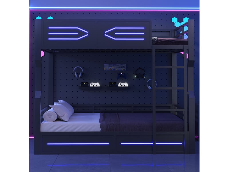  Lit superposé 140 × 200 cm 2 places avec led, escalier et barrières, sans matelas, métal et mdf noir  - Conforama C