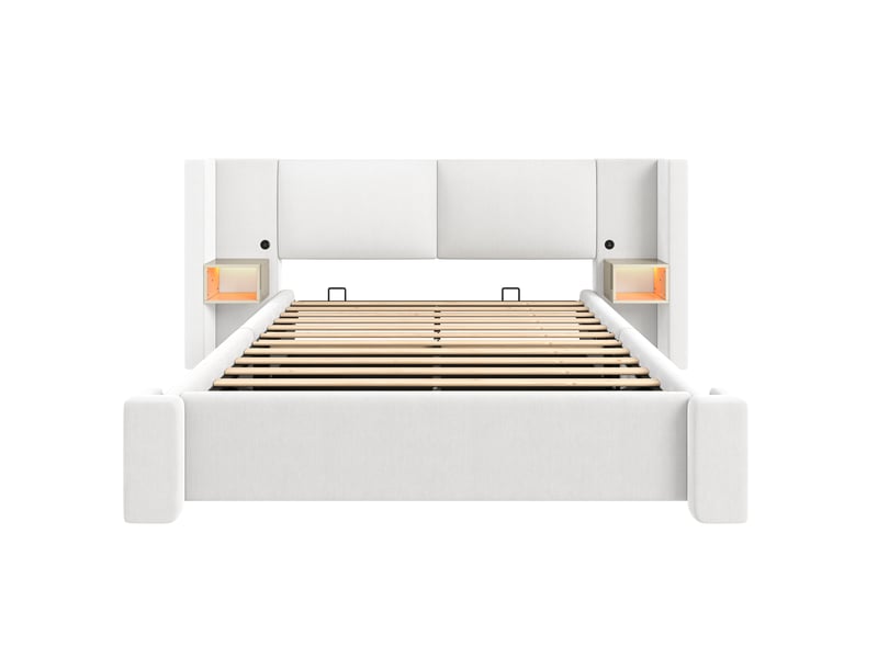 Lit coffre 2 places 140 × 200 cm avec éclairage led, chevets et rangement hydraulique, sans matelas, en lin beige - Conforama E