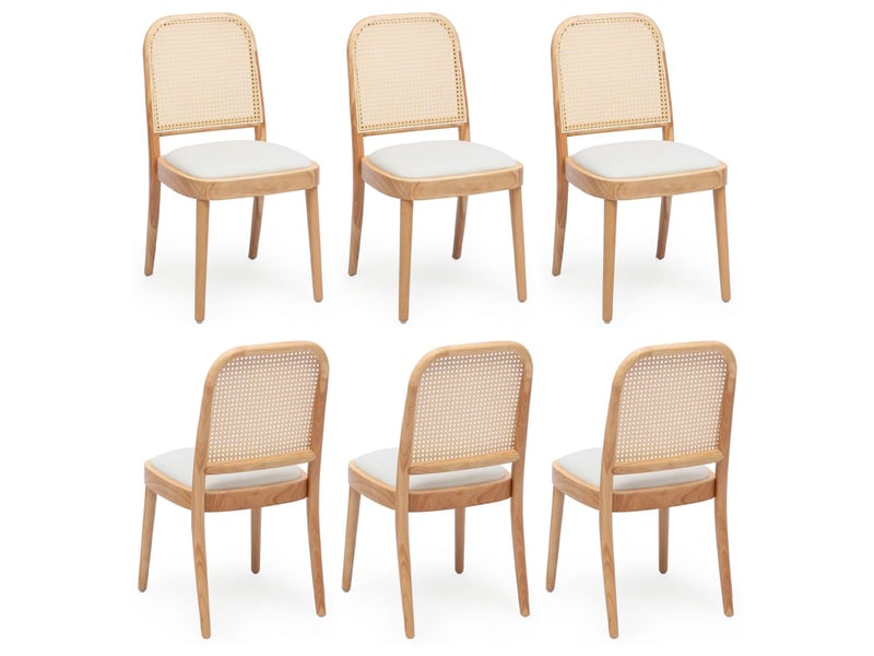  Fauteuil de salle à manger siège en bois massif ensemble de 6 assises dossiers en rotin confort d'assise dossiers respirants revêtement en lin style moderne coloris bois  - Conforama E