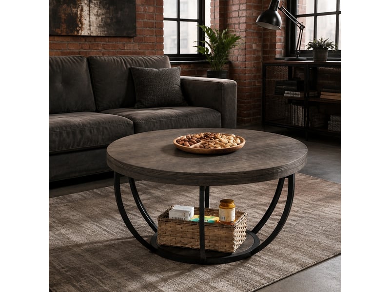  Table basse ronde à 2 niveaux avec plateau en bois et piètement métal, pour salon, finition grise contemporaine  - Conforama C