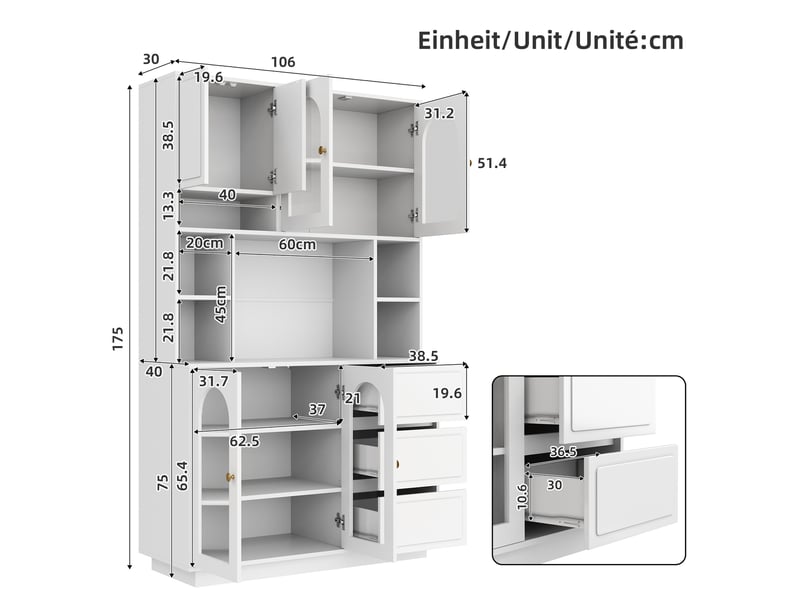  Buffet de cuisine - 106x40x175cm - meuble avec portes arquées en acrylique, led, étagères ajustables et 3 tiroirs - mdf - blanc  - Conforama D