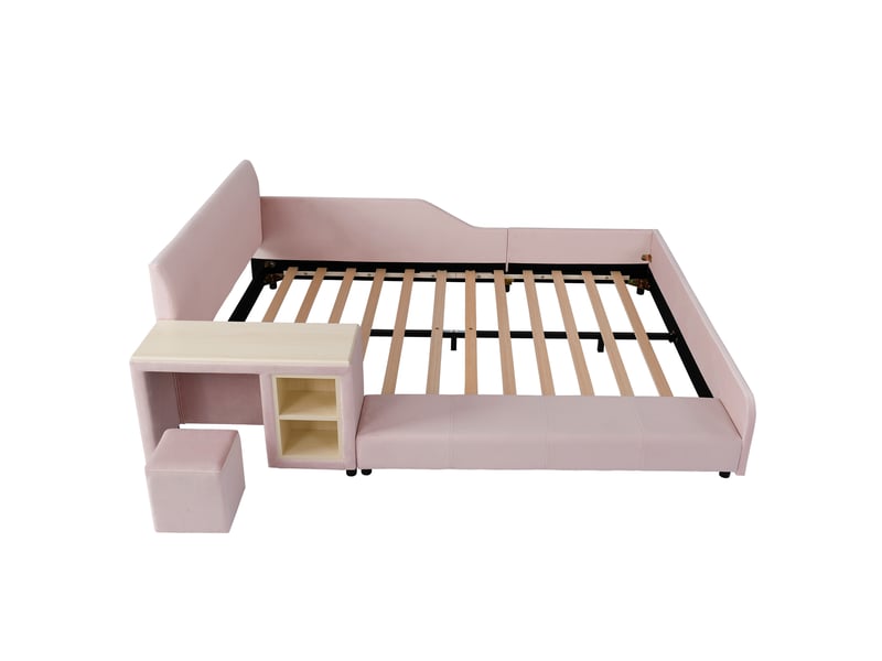  Lit capitonné, lit simple avec bureau et tabouret pour enfant, étagère de rangement, tête de lit rembourrée, sommier à lattes en bois, velours rose, 140 x 200 cm  - Conforama D