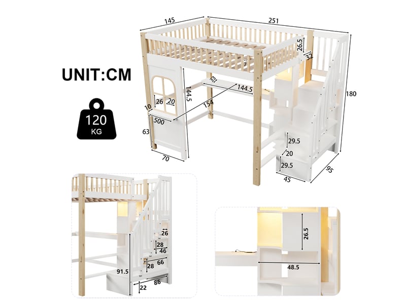  Lit mezzanine enfant 140x200 cm avec bureau, led, échelle de rangement, blanc et naturel  - Conforama C
