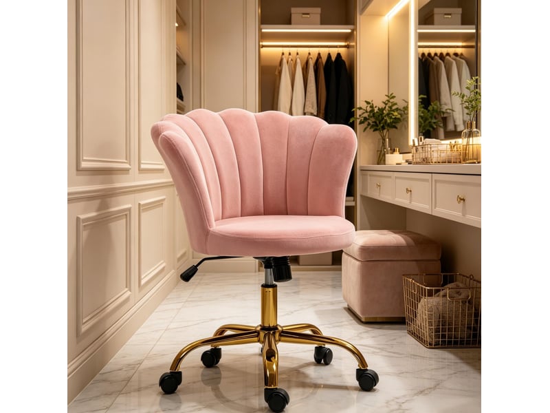 Chaise de bureau à roulettes réglable en hauteur, dossier pétale sans accoudoirs, en velours rose - Conforama B