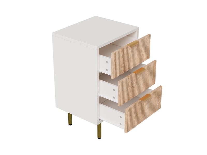  Lot de 2 table de chevet, 3 tiroirs, table d’appoint 40cm, design strié bois et blanc, pieds dorés, meuble de rangement, pour chambre, salon, entrée, style scandinave, chêne clair  - Conforama D