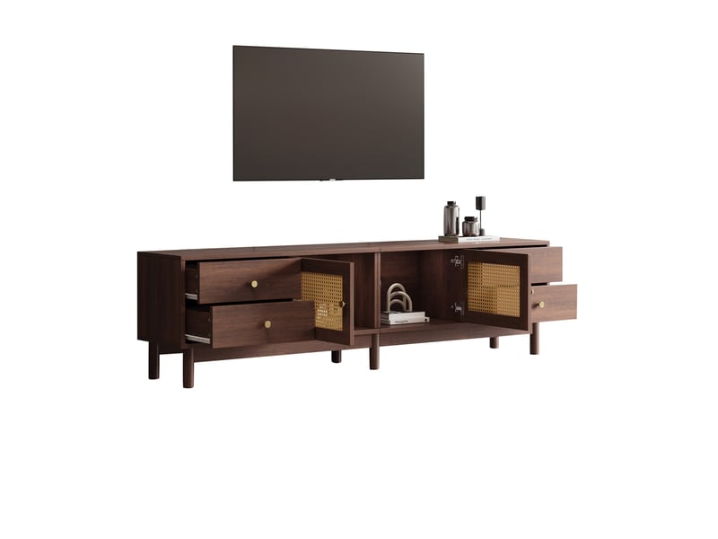  Meuble tv modenvie 180 x 35 x 44 cm avec 4 tiroirs, 2 portes motif rotin et passe-câbles, marron aspect bois foncé  - Conforama A