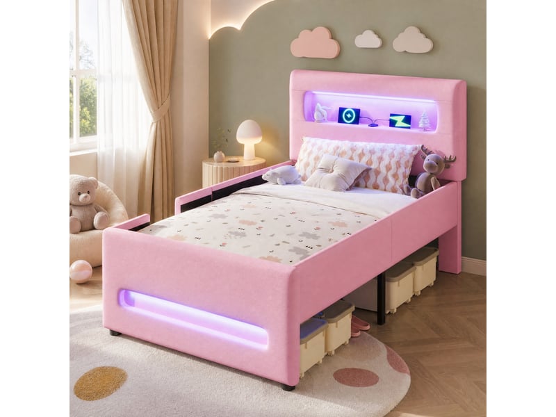  Lit plateforme 90x200 cm avec escalier, led, usb et rangement, rose  - Conforama C