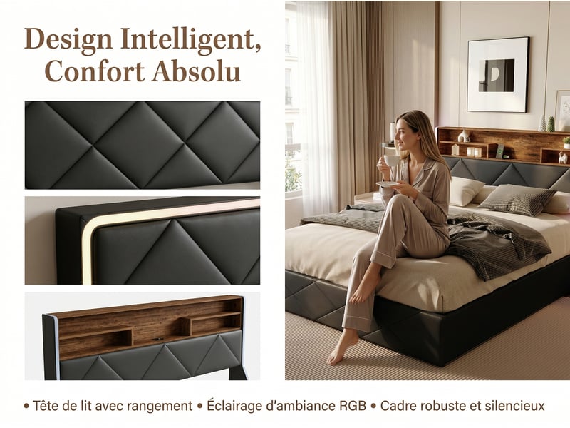 Lit coffre 160x200 cm - cuir pu noir avec led rgb, prises, étagère et rangement  - Conforama E