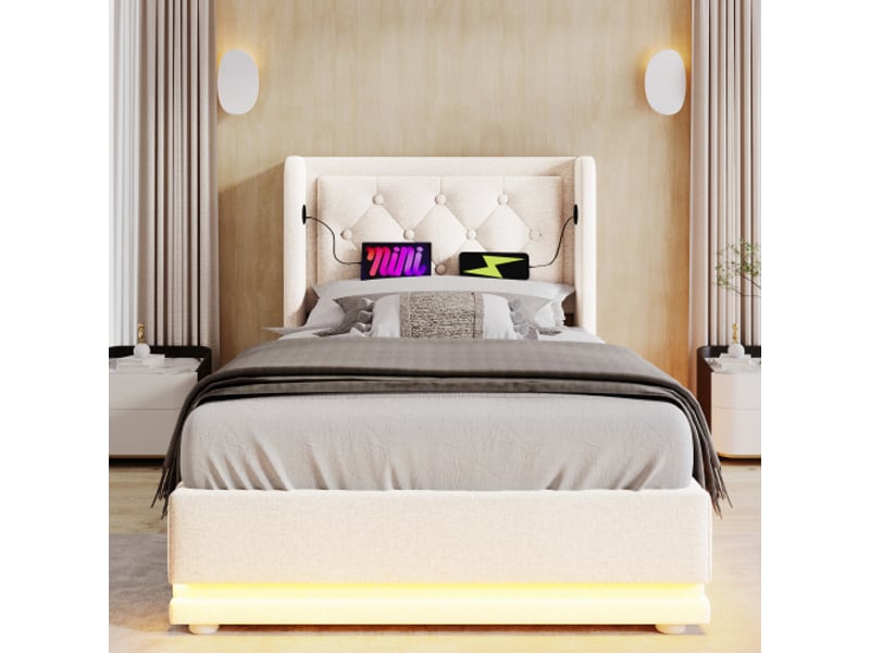  Lit coffre 90x200 cm, lit enfant avec chargement usb et éclairage led, en coton beige, sans matelas  - Conforama B