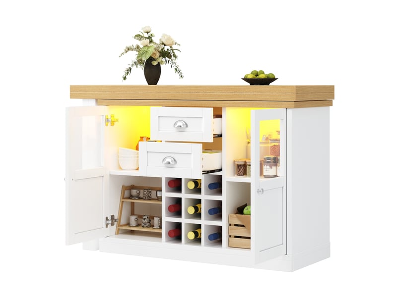  Table extensible 120-197x40x72 cm blanche en mdf et métal, pivotante 360°, avec rangements et cave à vin  - Conforama A