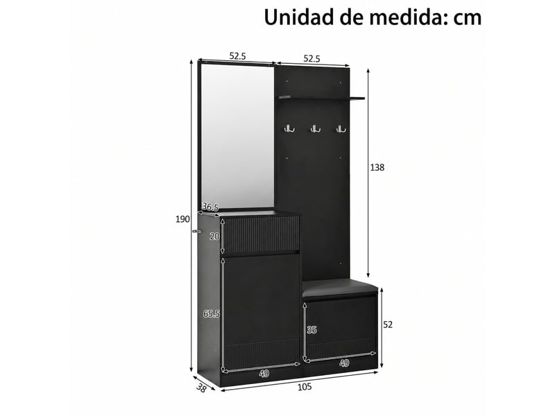  Meuble d'entrée avec meuble à chaussures, banc, miroir, crochets et led pilotée par application, noir, 105×38×190 cm  - Conforama E