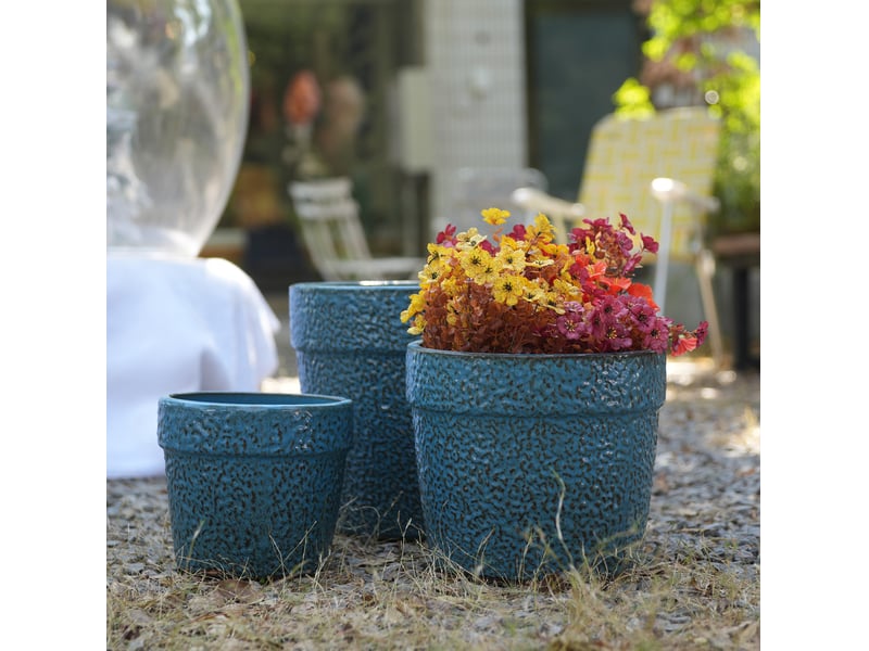  Lot de 3 pots de fleurs en céramique bleu antique, finition brillante et drainage intégré pour plantes  - Conforama B
