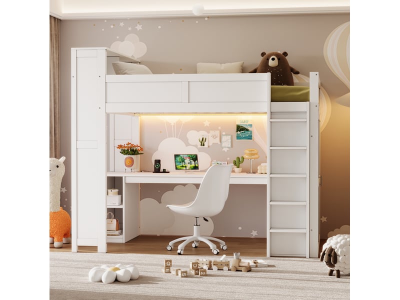  Lit mezzanine modenvie 90 x 200 cm avec bureau, rangements, armoire, led et port usb blanc  - Conforama E