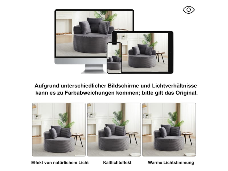 Fauteuil rond avec accoudoirs larges et 3 coussins, en corduroy et mousse à ressort gris - Conforama E