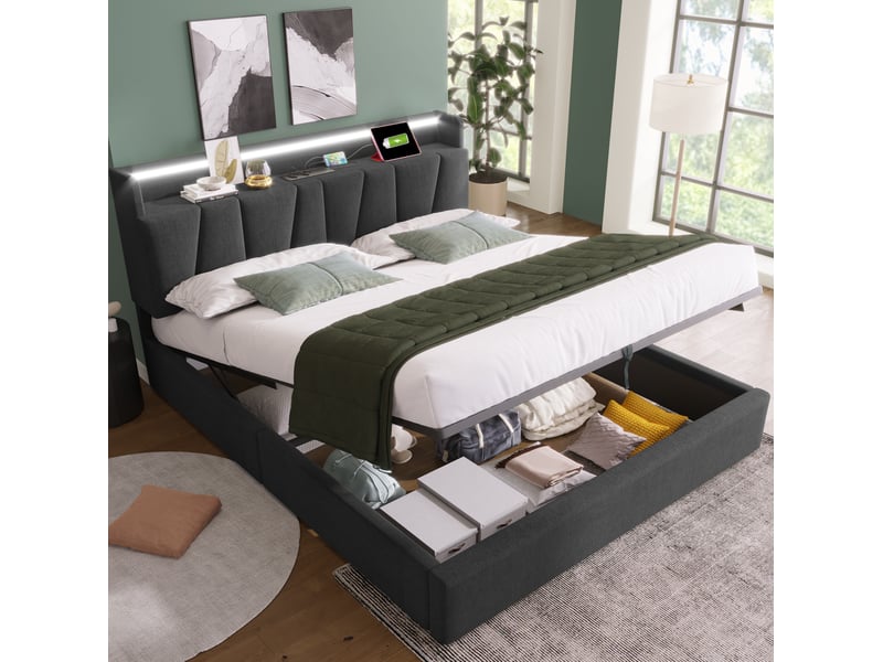  Lit coffre 140 × 200 cm 2 places avec led rgbw, prises, usb et rangement, matelas inclus, tissu gris  - Conforama C
