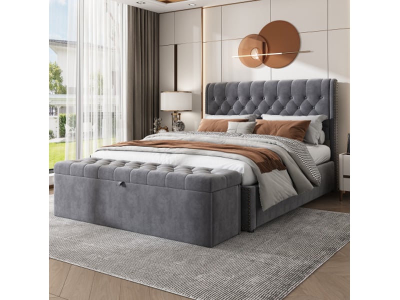  Lit coffre 140x200 cm avec vérin hydraulique, rangement intégré, banquette, tissu velours, coloris gris, sans matelas  - Conforama D