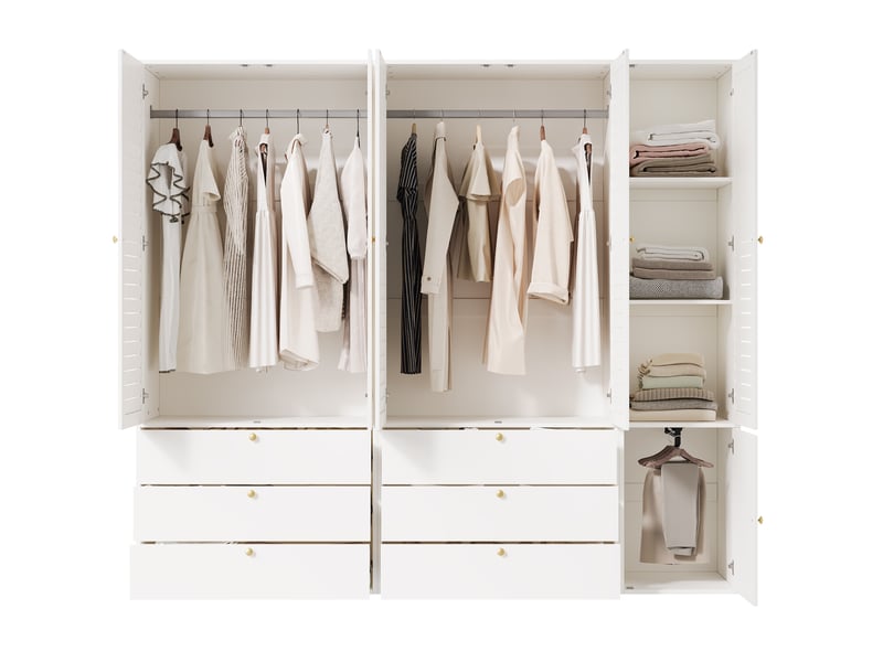  Armoire 6 portes 225x50x200 cm blanche avec 6 tiroirs et 3 tringles  - Conforama A