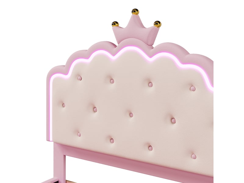  Lit enfant 140x200cm,lit double pour filles en pu avec lumière led et pieds dorés,en forme de couronne,rose lit enfant rose - Conforama E