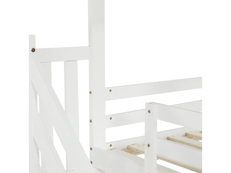  Lit superposé enfant 200×90 cm avec toit, fenêtres et escalier à 3 placards, sans matelas, blanc et gris  - Conforama E