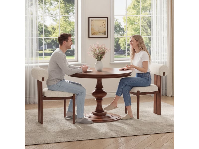 Smartue lot de 2 chaises de salle à manger modernes en tissu beige avec dossier cylindrique et pieds en bois noyer  - Conforama B