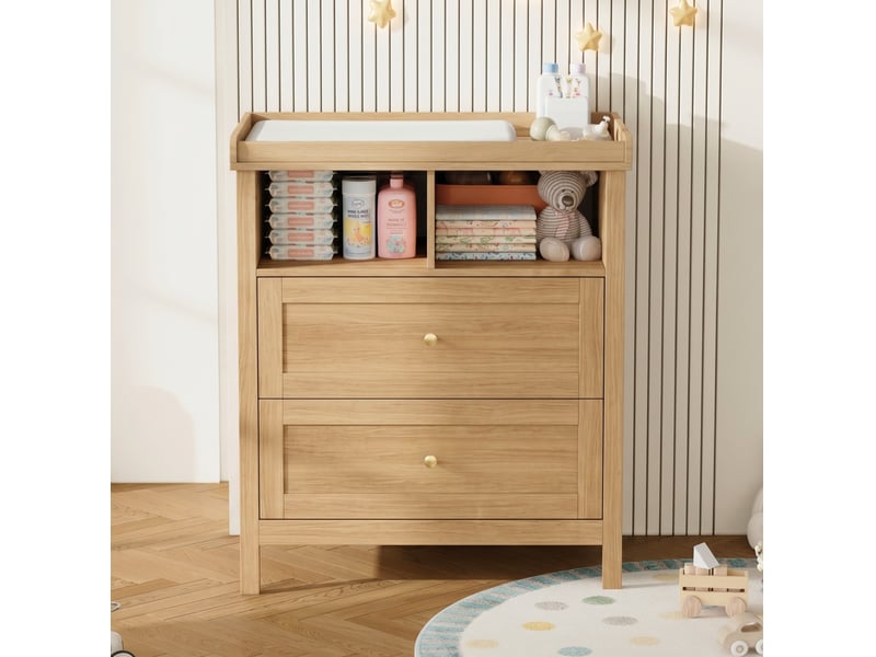  Commode à langer multifonctionnelle 82x50x90 cm en mdf couleur bois clair, convertible avec tiroirs, sans coussin  - Conforama B