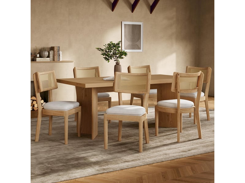  Chaises de salle à manger lot de 2 avec dossier en rotin  - assise rembourrée en lin, bois massif - bois  - Conforama C