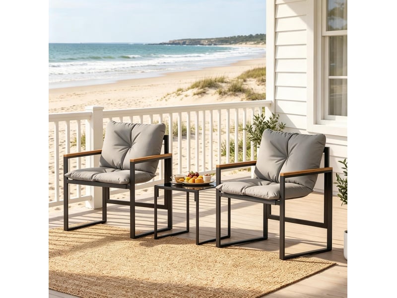 Salon de jardin 3 pièces avec 2 fauteuils et table basse, métal noir et gris - Conforama E