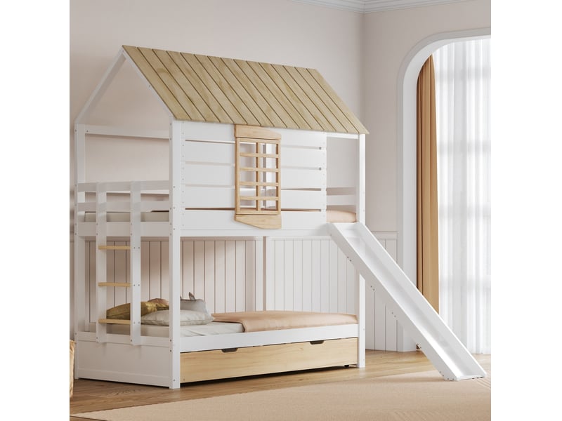 Elvmi lit superposé enfant 90x200 cm en forme de maison avec toit, fenêtre cœur, toboggan et lit gigogne, barrières de sécurité, échelle, structure en pin massif et mdf, blanc et naturel - Conforama E