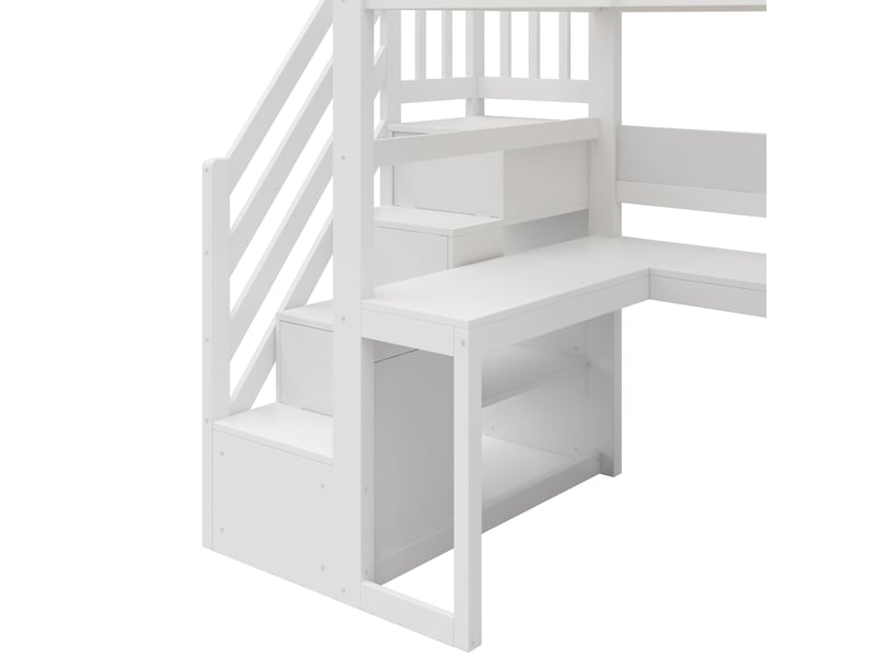 Lit mezzanine gaming 90x200 cm blanc, avec bureau, escalier de rangement 4 compartiments, led 7 couleurs, usb, sommier inclus, sans matelas - Conforama D