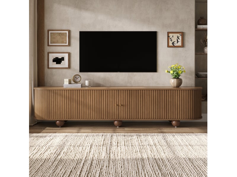  Meuble tv rétro avec 2 portes coulissantes, étagère, passe-câbles et pieds boule métalliques pour salon en mdf marron  - Conforama E
