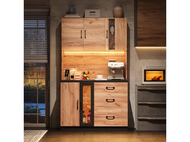 Colonne de cuisine noir effet bois led 105×40×180 cm, étagères réglables, prise européenne – cuisinesalle à manger - Conforama B