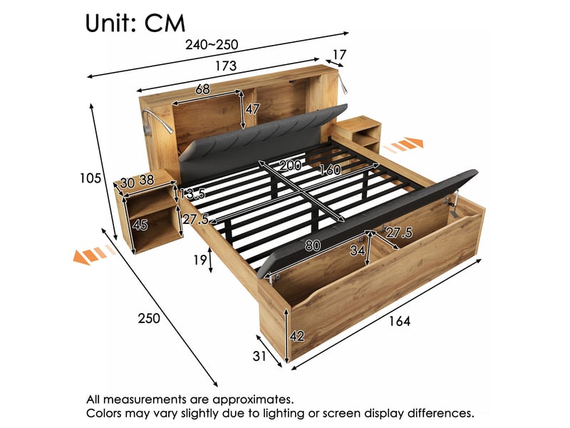  Lit 160x200 avec rangement, chevets, banc coffre et matelas evryae  - Conforama E