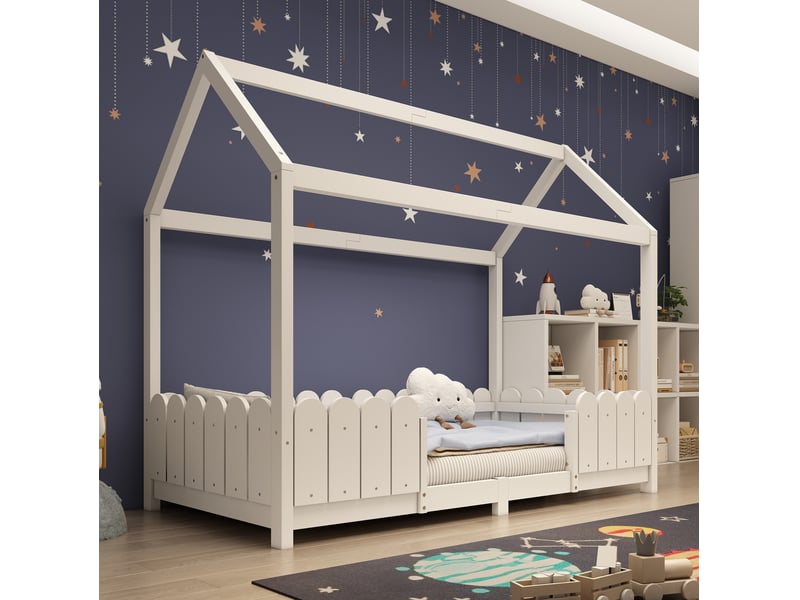  Lit cabane enfant 90x200 cm avec barrière et sommier à lattes blanc  - Conforama C