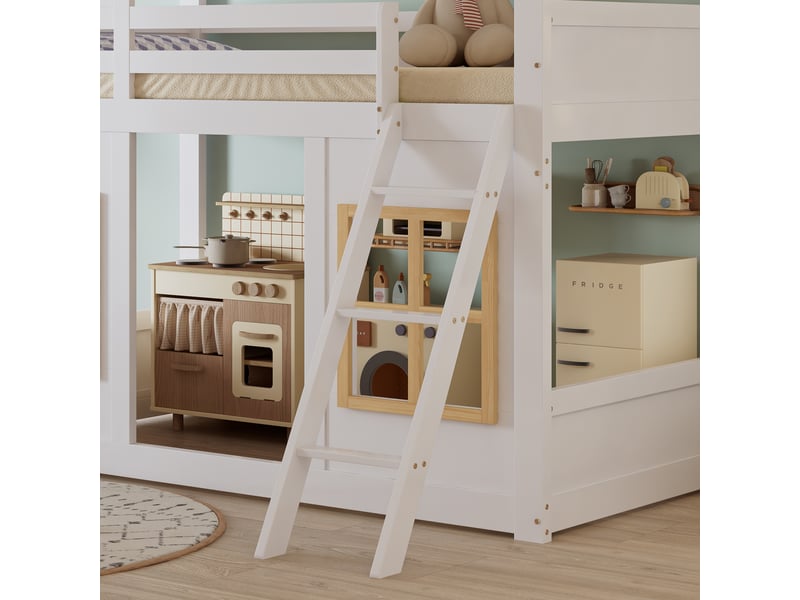  Lit superposé enfant 90 x 200 cm avec fenêtres décoratives, échelle stable, barrières de sécurité, pin, mdf, blanc et naturel  - Conforama C