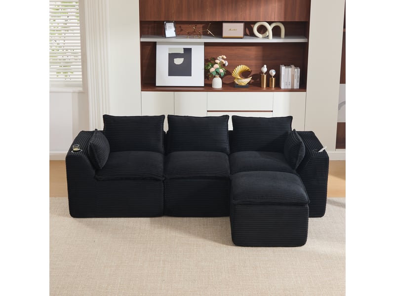  Canapé modulable 3 places en velours côtelé noir, avec pouf, 2 poches latérales, porte-gobelets, 256×161×75 cm  - Conforama B
