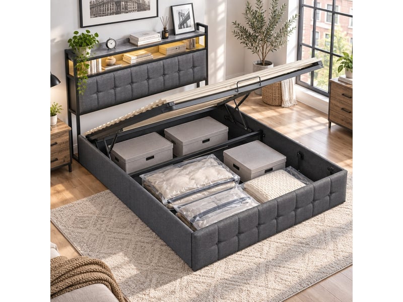  Lit coffre 2 places 140x200 cm, lit adulte avec rangement, led, port usb, tissu en fond, lin gris  - Conforama D