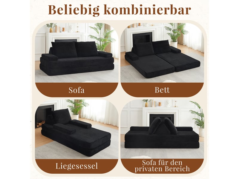  Canapé convertible 2 places en velours côtelé 211 cm, convertible sofa et lit, 2 dossiers triangulaires, 2 coussins, noir  - Conforama D