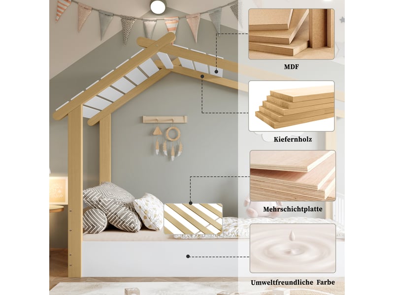  Lit cabane 90x190 cm, design maison en pin et mdf, blanc et naturel  - Conforama E