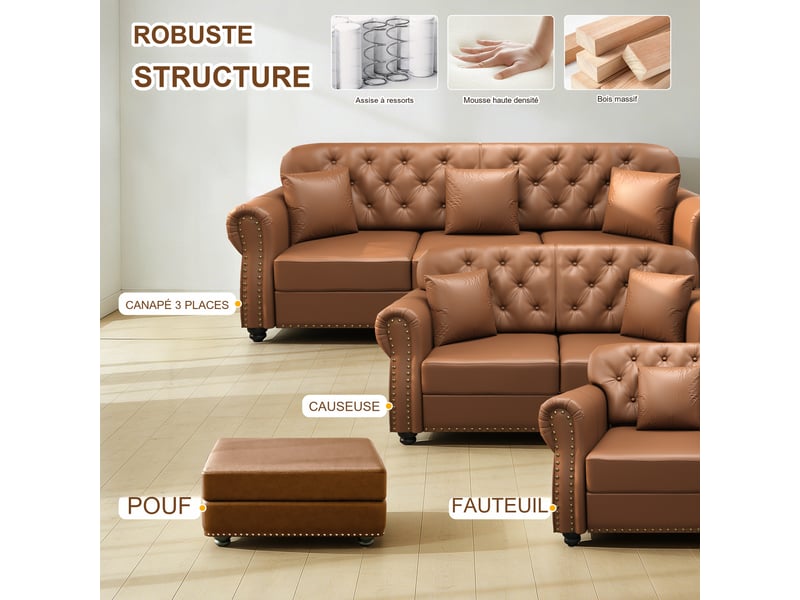  Fauteuil chesterfield fixe 1 place en simili marron 105 x 76 x 86 cm, capitonné avec coussin et ressorts ensachés pour salon 105X76X86cm - Conforama E