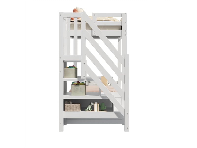  Lit superposé enfant 90x200 en bois massif blanc, lit multifonction avec canapé, escalier de rangement et 2 tiroirs intégrés.  - Conforama W