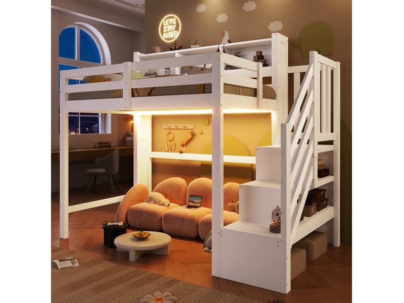  Lit mezzanine modenvie 90 x 200 cm avec led, rangement sous le lit, escalier de rangement, blanc  - Conforama D