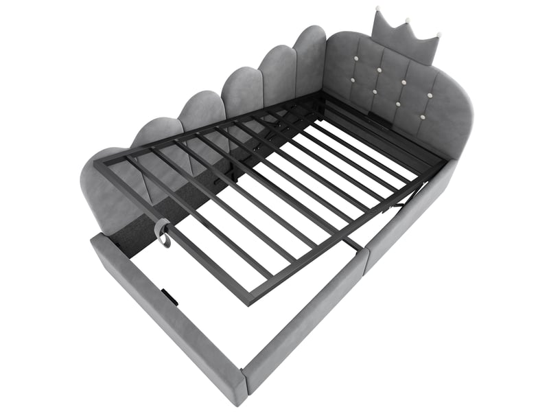  Lit banquette coffre 90 × 200 cm en velours gris, rangement hydraulique et tête en l motif couronne Fay Lum - Conforama D