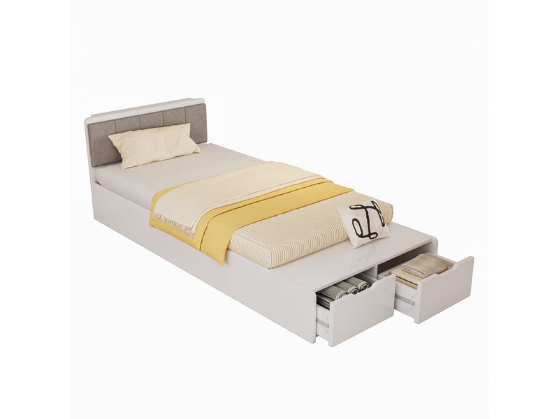 Lit enfant en bois 90x200cm - tête de lit rembourrée - avec 2 tiroirs et banc de bout de lit - blanc (sans matelas) - Conforama A