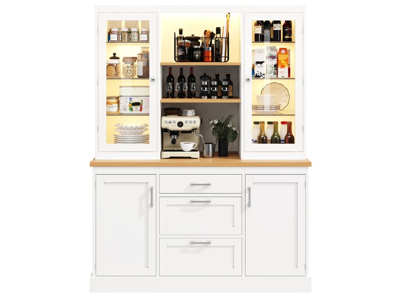 Buffet de cuisine moderne 140x40x185cm, armoire de rangement avec led, 3 tiroirs et 4 portes, plan de travail, mdf blanc  - Conforama A