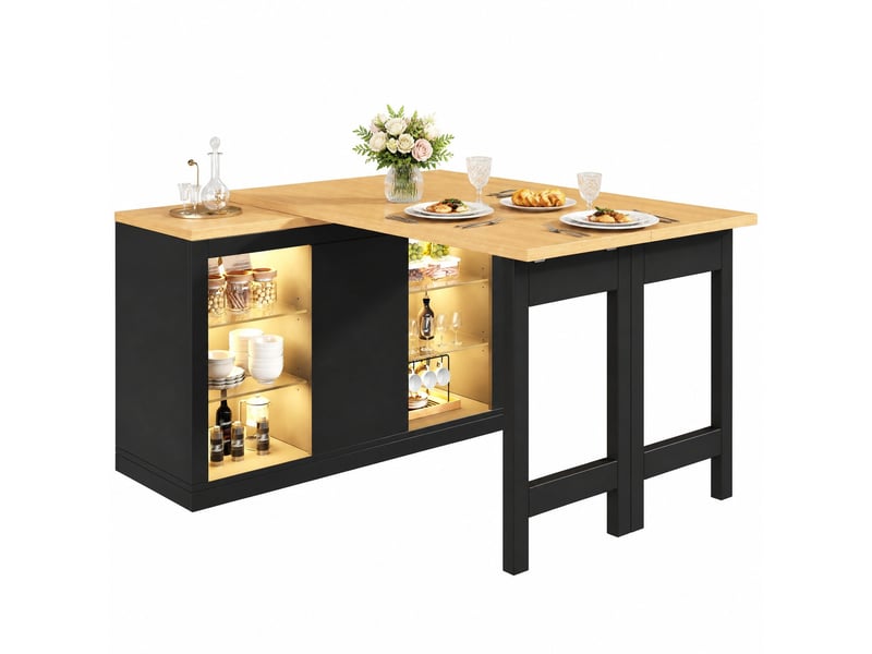  Îlot de cuisine avec table extensible et pivotante, led rgb, mdf noir  - Conforama A