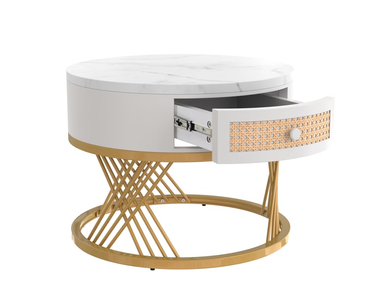  Table basse ronde 70x70 cm mdf - plateau effet marbre, 2 tiroirs en rotin, pieds dorés, style moderne  - Conforama E
