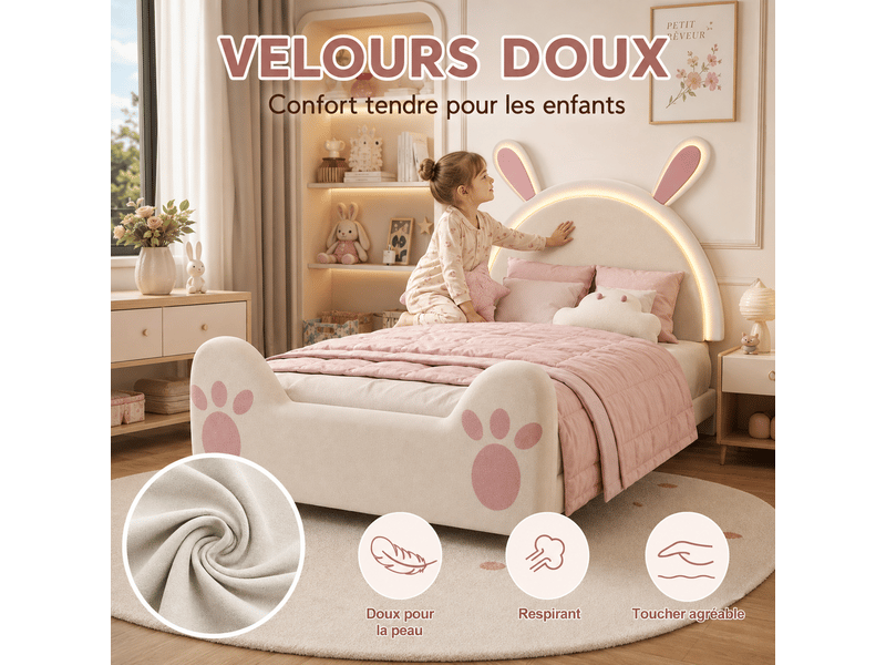 Lit fille 90x200 - oreilles de lapin led réglable et tête de lit- sommier à lattes - lit enfant rembourré princesse, lit enfant 90x200 avec sommier led, oreilles de lapin et tête de lit - lit fille 1 personne, design princesse m… - Conforama D