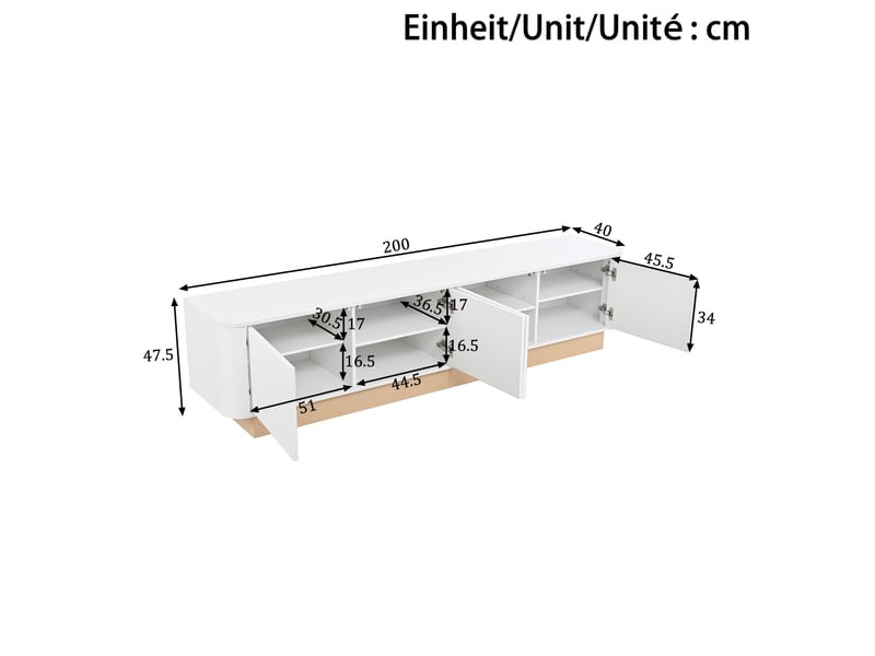  Meuble tv 200x40x47,5 cm, 4 portes, étagères réglables, passe-câbles, façades texturées, grand rangement pour salon - blanc  - Conforama C