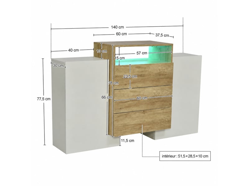  Meuble de cuisine muvano, buffet moderne 140 cm, blanc brillant et effet bois, 2 portes et 3 tiroirs  - Conforama W