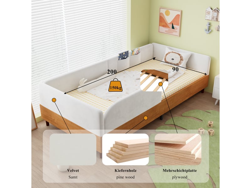  Lit enfant 90 × 200 cm 1 place avec 2 poches de rangement et barrière, sans matelas, en velours, blanc  - Conforama E